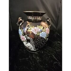 Black Vase With Peacock And Flowers, Made In Japan